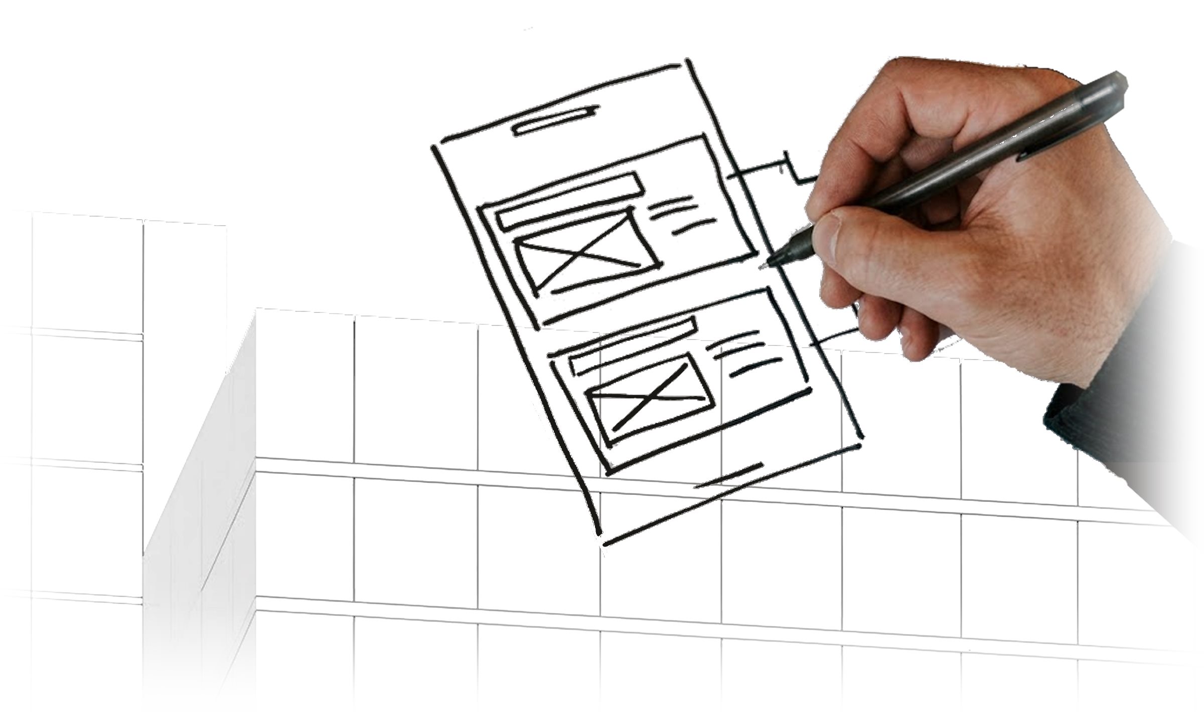 A building facade drawn as a grid, with a hand sketching a mobile wireframe over it