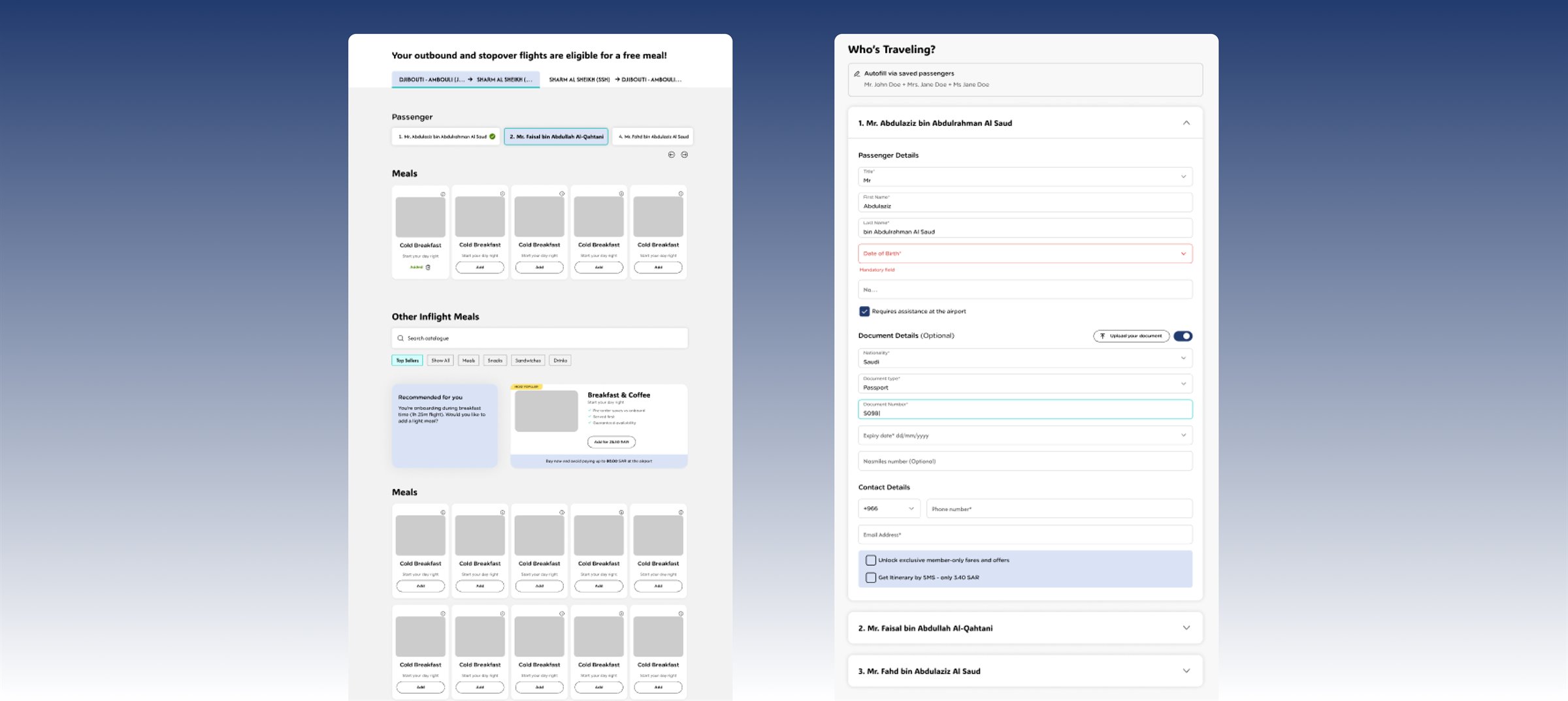 Meal selection with clear added states and prices, next to passenger details split into one collapsible section per traveller