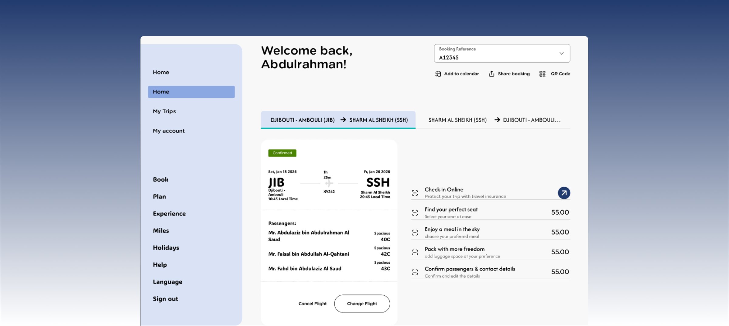 Booking overview with the flight summary, passengers and seats, and online check-in as the first action