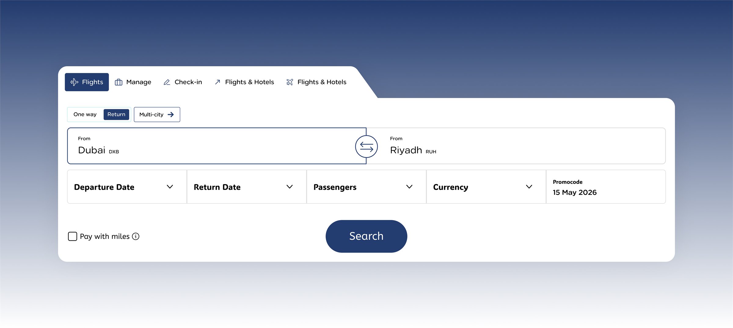 Redesigned flight search widget with trip type, route, dates, passengers and currency