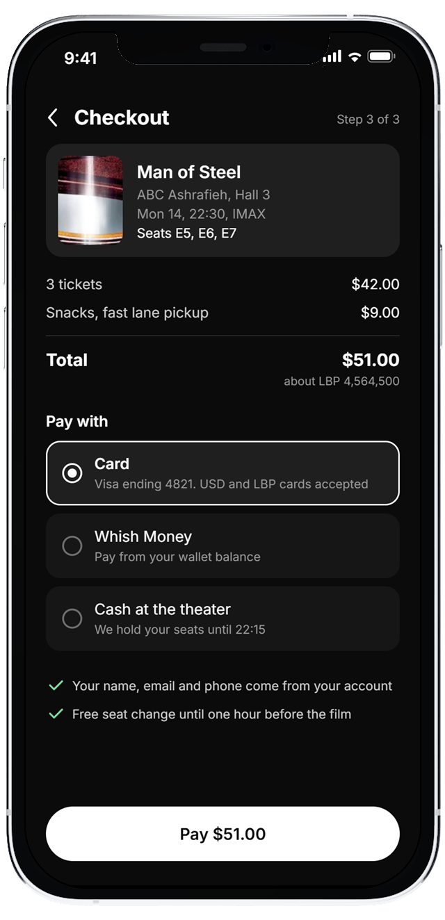 Movee checkout with card, wallet and cash options