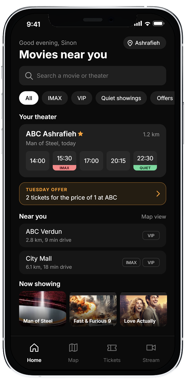 Movee home screen with the favorite theater, nearby theaters and an offer
