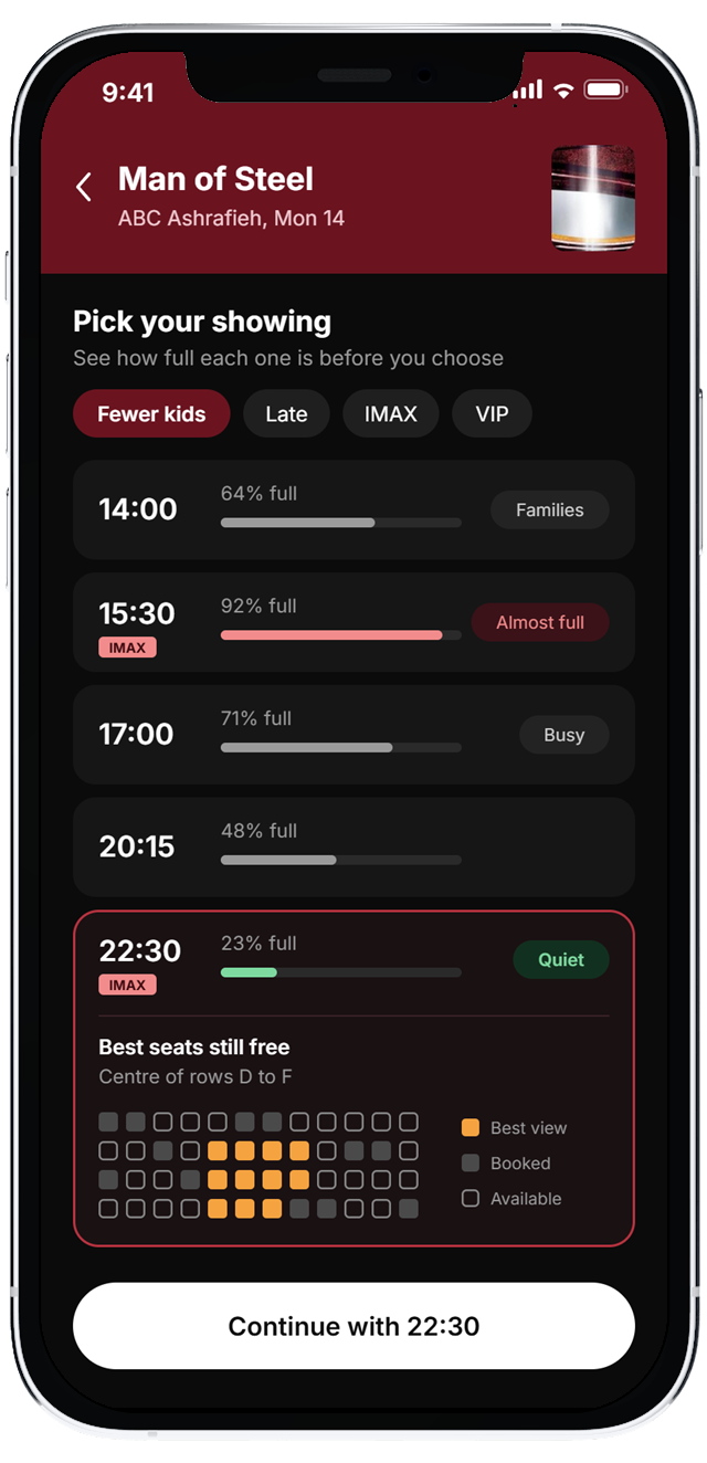 Movee showings screen with how full each showtime is