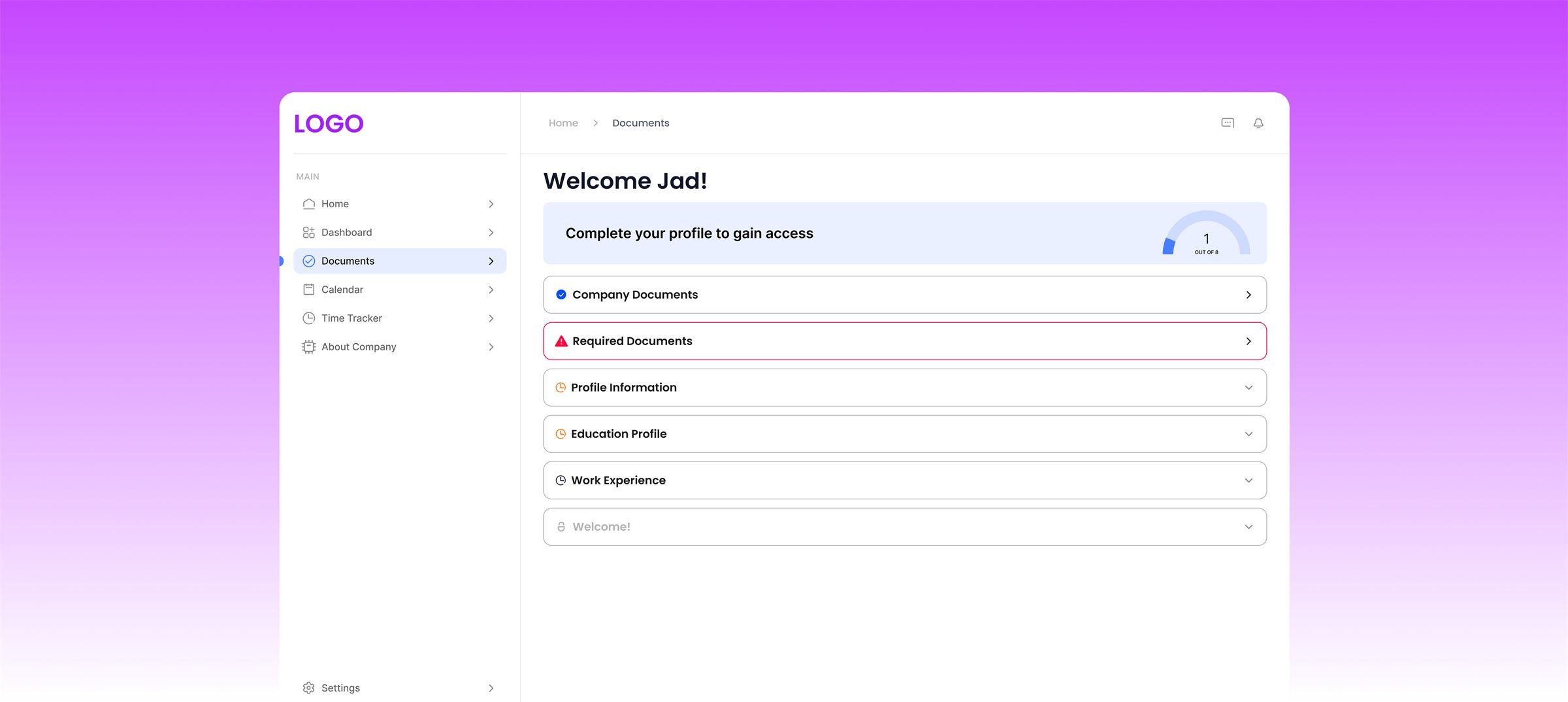New-hire welcome page with profile progress and document sections