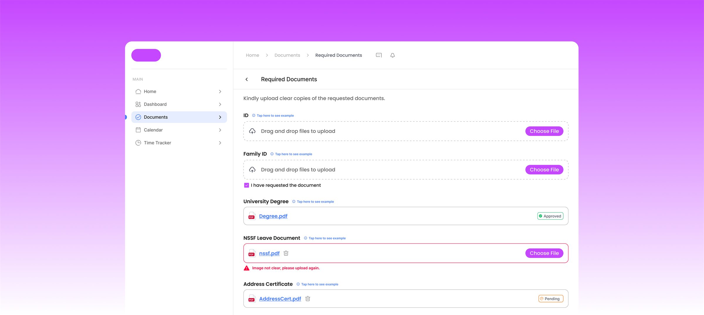 Required documents page with upload fields and per-document status