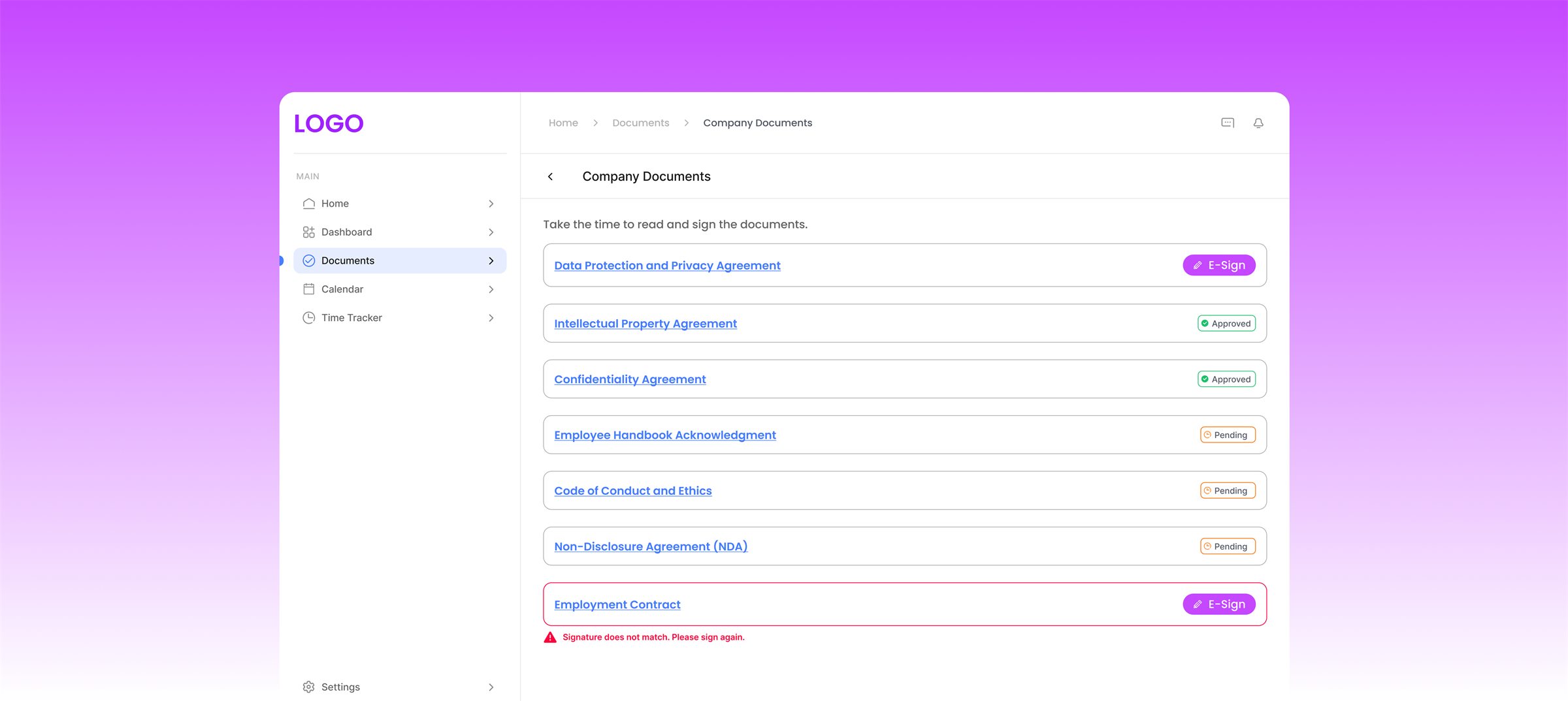 Company documents list with e-sign actions and statuses