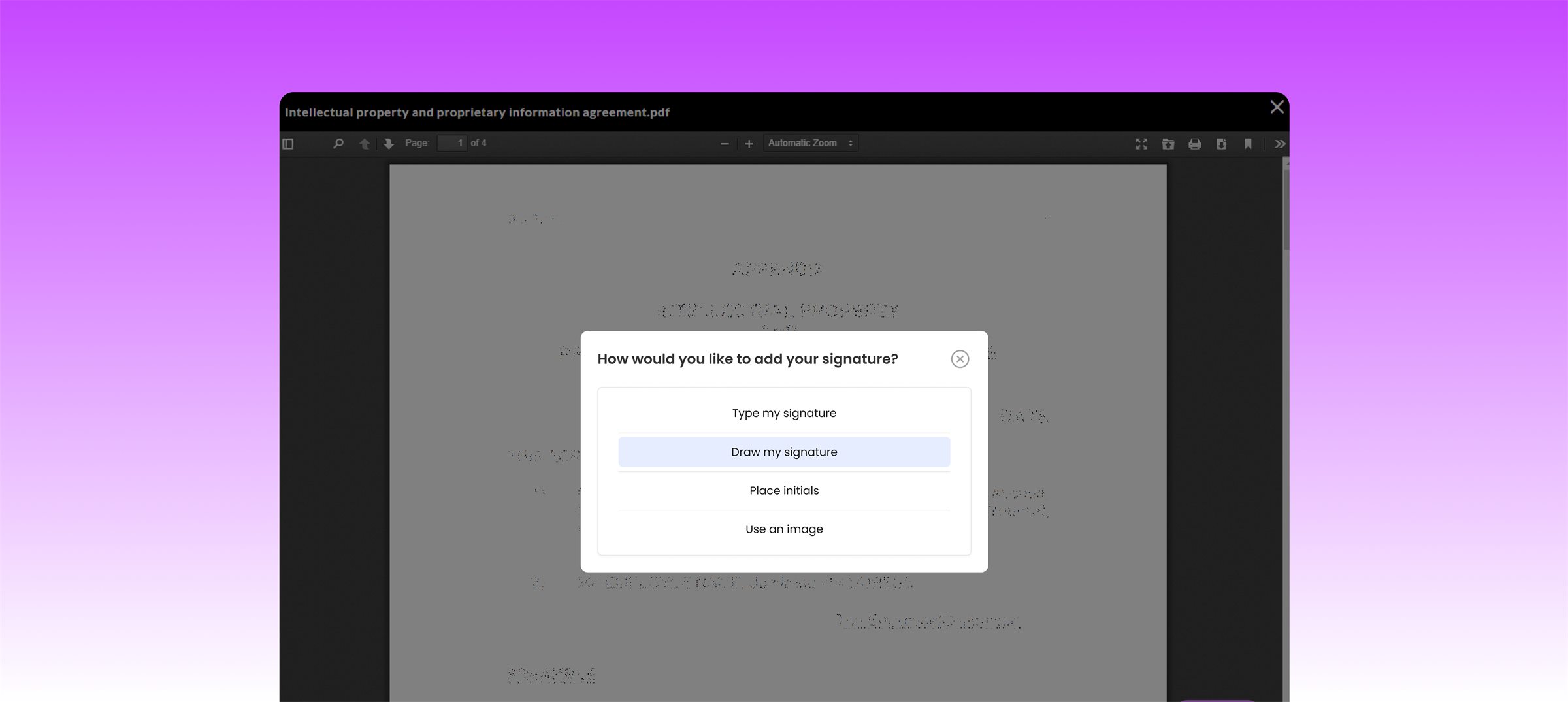 Dialog over an agreement asking how to add a signature: type, draw, initials or image