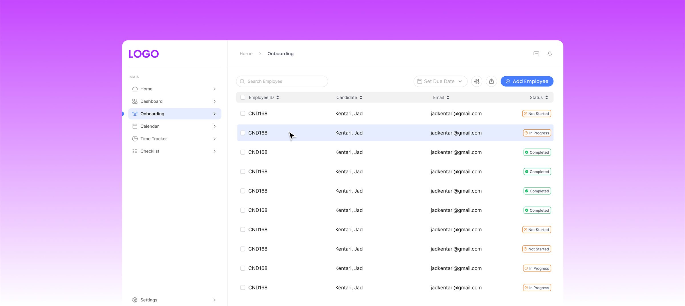 HR dashboard listing new hires with their onboarding status