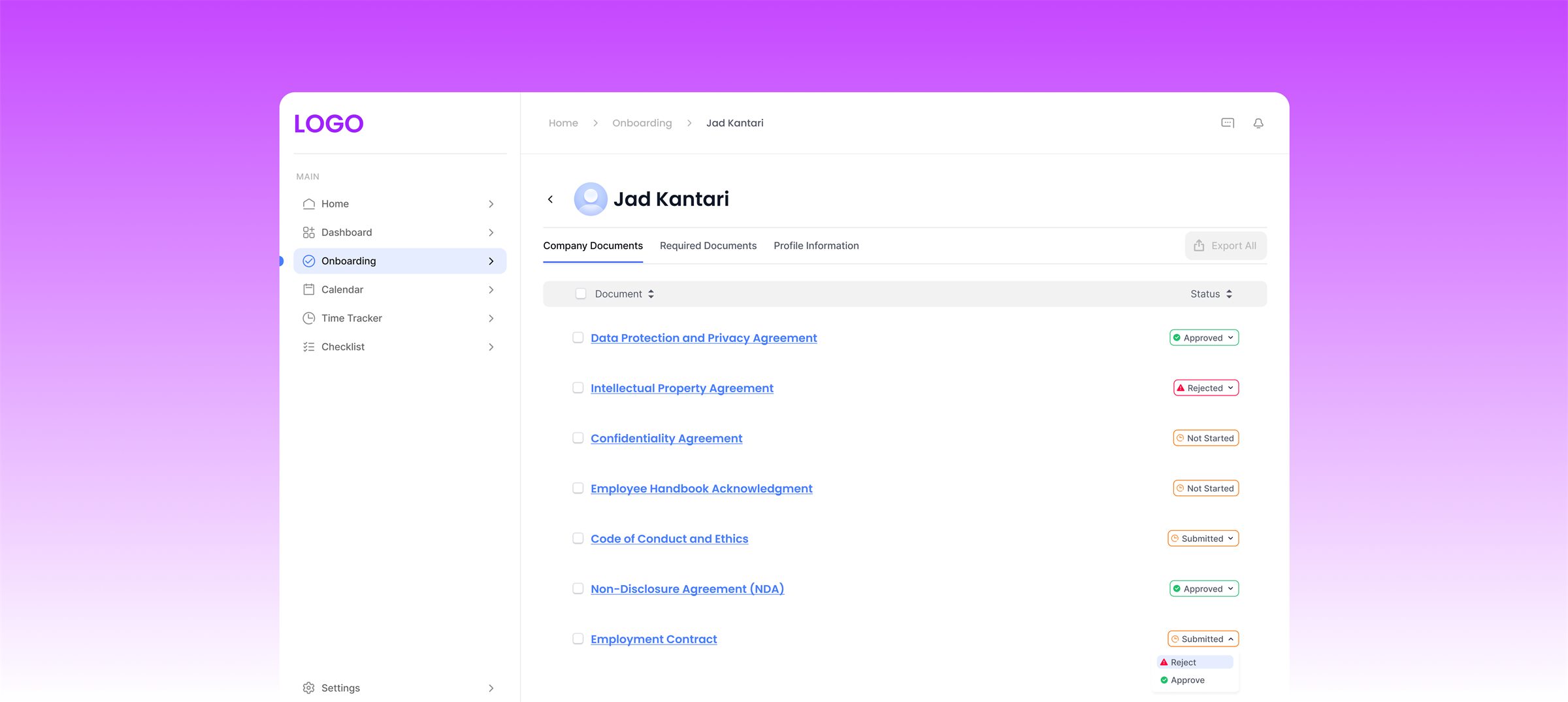 HR view of a candidate's documents with approve and reject actions