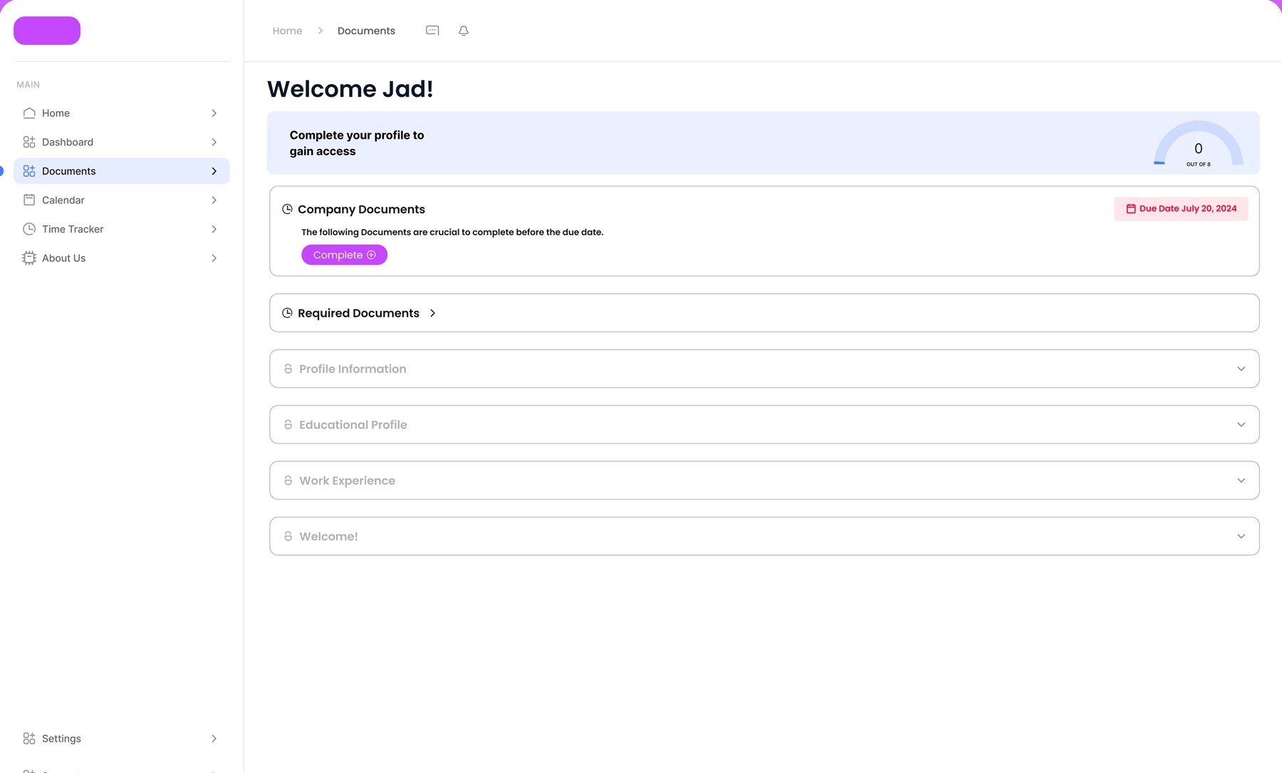 Onboard new-hire welcome page with profile progress and onboarding sections