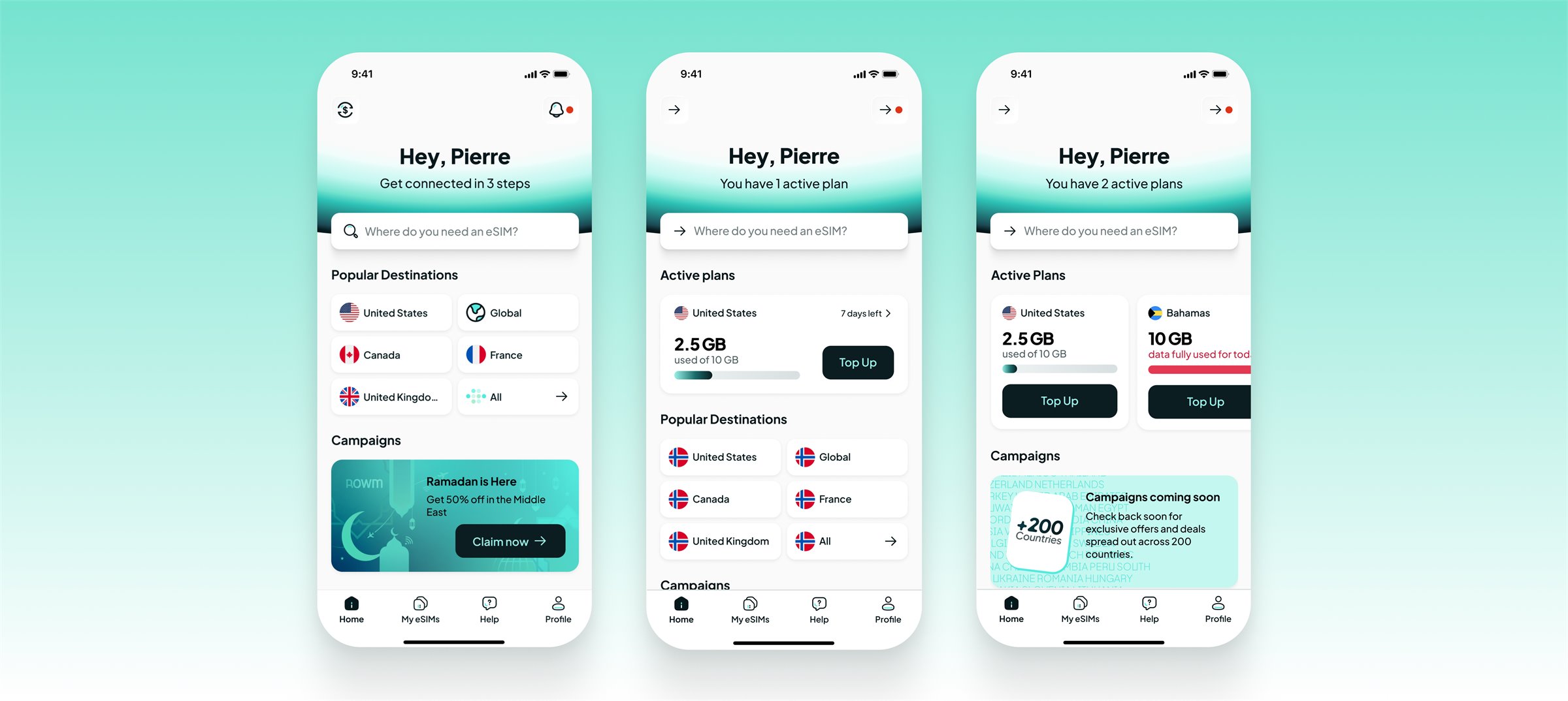Home screen in three states: no plans, one active plan, two active plans
