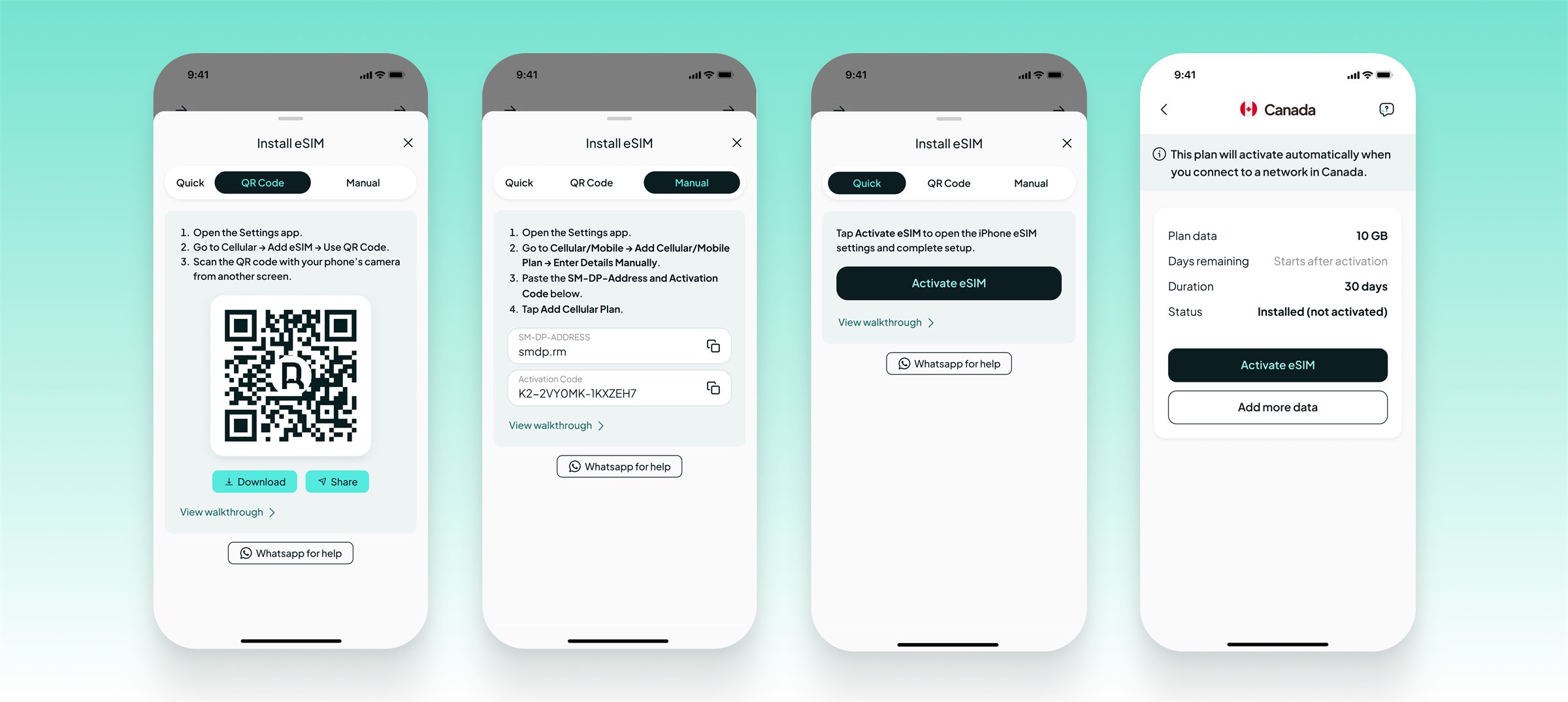 Installation steps by QR code, manual entry and quick install, plus the not-yet-activated plan screen